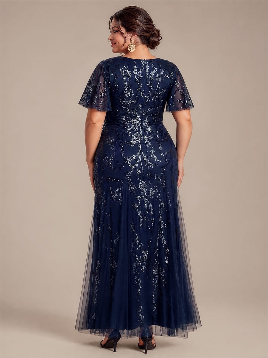 Tiered Tulle Sequin Ruffle Sleeve Dress #color_Navy Blue