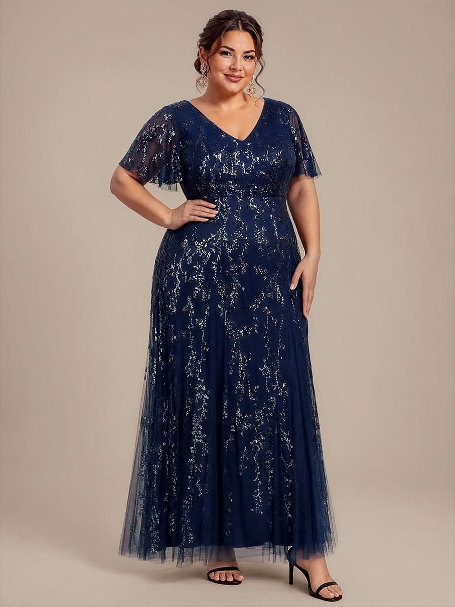 Tiered Tulle Sequin Ruffle Sleeve Dress #color_Navy Blue