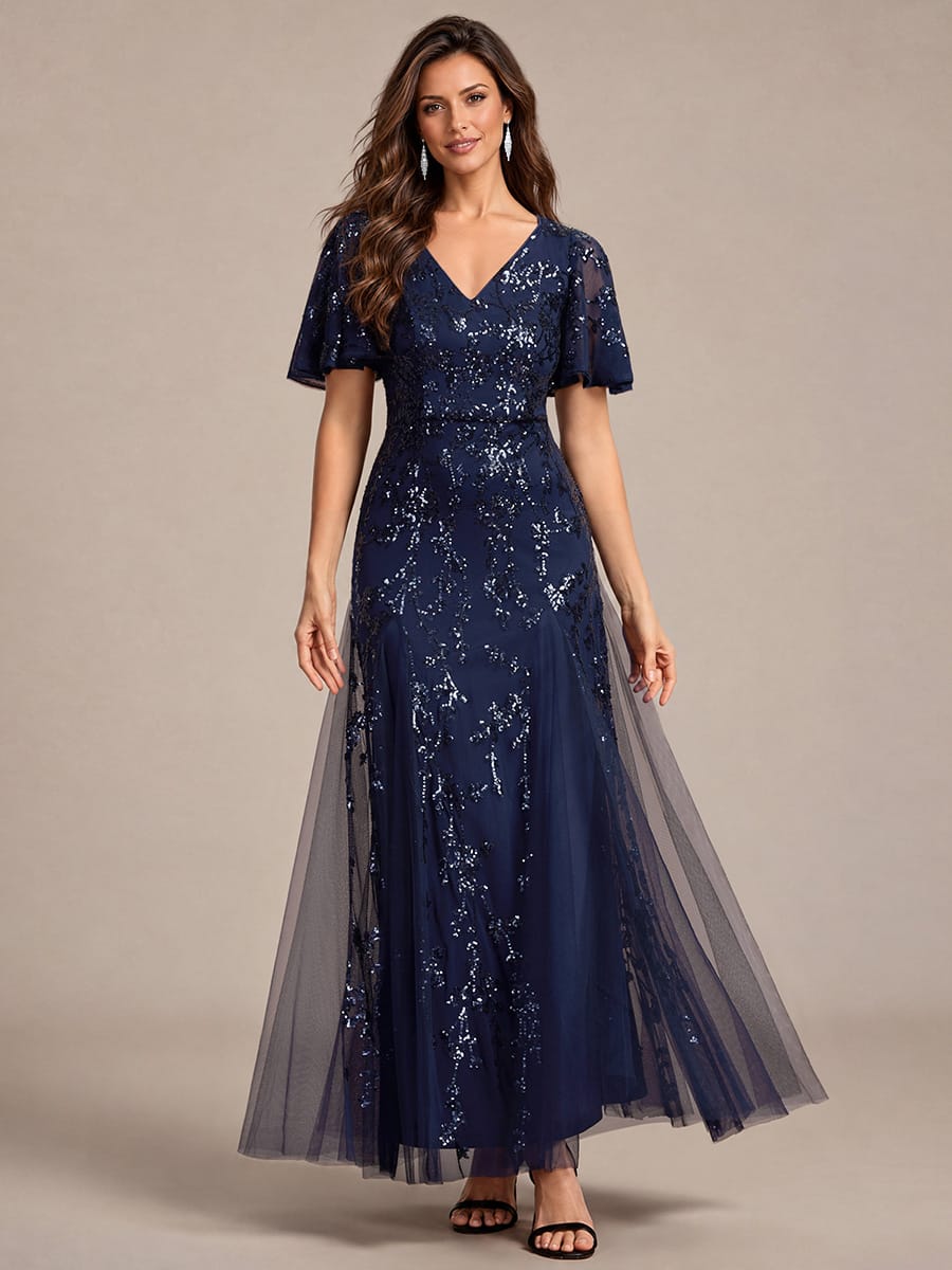Tiered Tulle Sequin Ruffle Sleeve Dress #color_Navy Blue