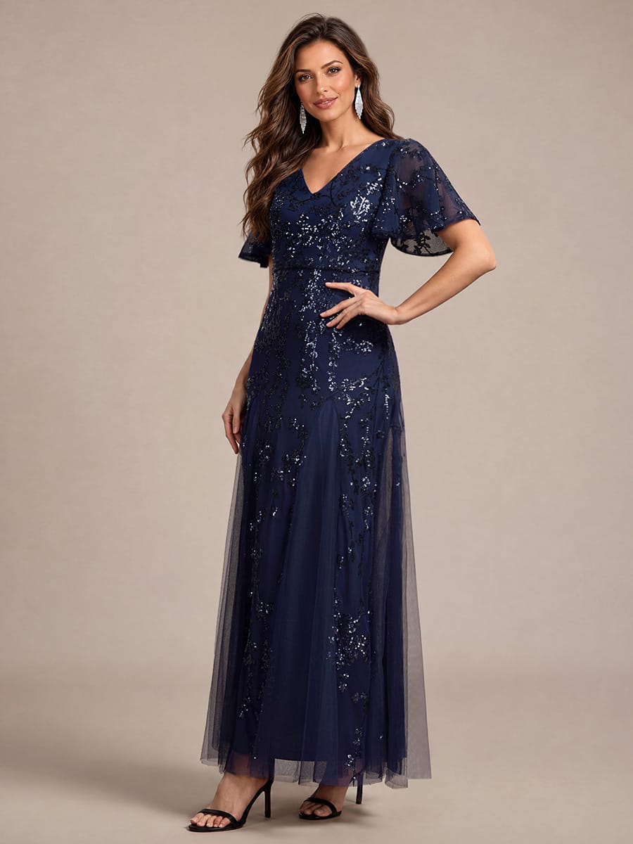 Tiered Tulle Sequin Ruffle Sleeve Dress #color_Navy Blue