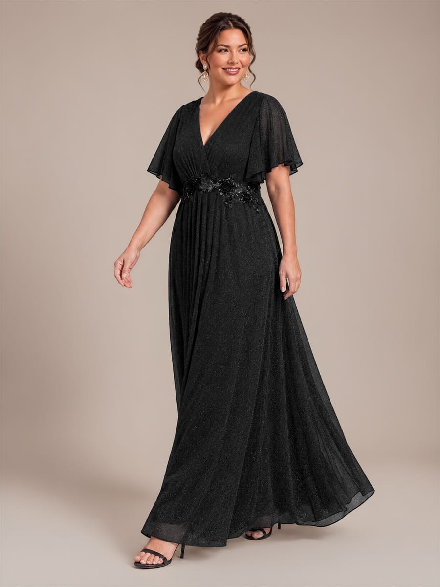 Pleated Lurex Mesh Ruffle Sleeve Dress #color_Black