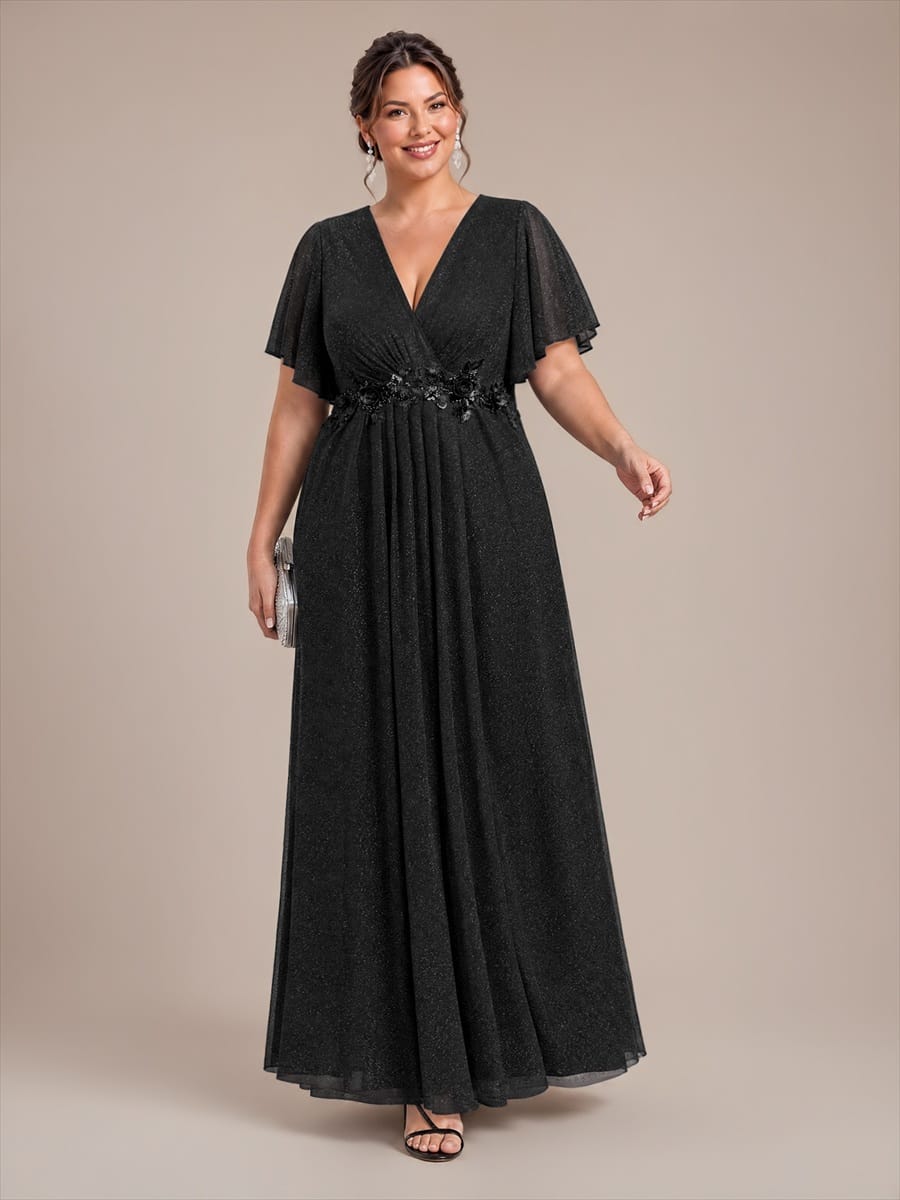 Pleated Lurex Mesh Ruffle Sleeve Dress #color_Black