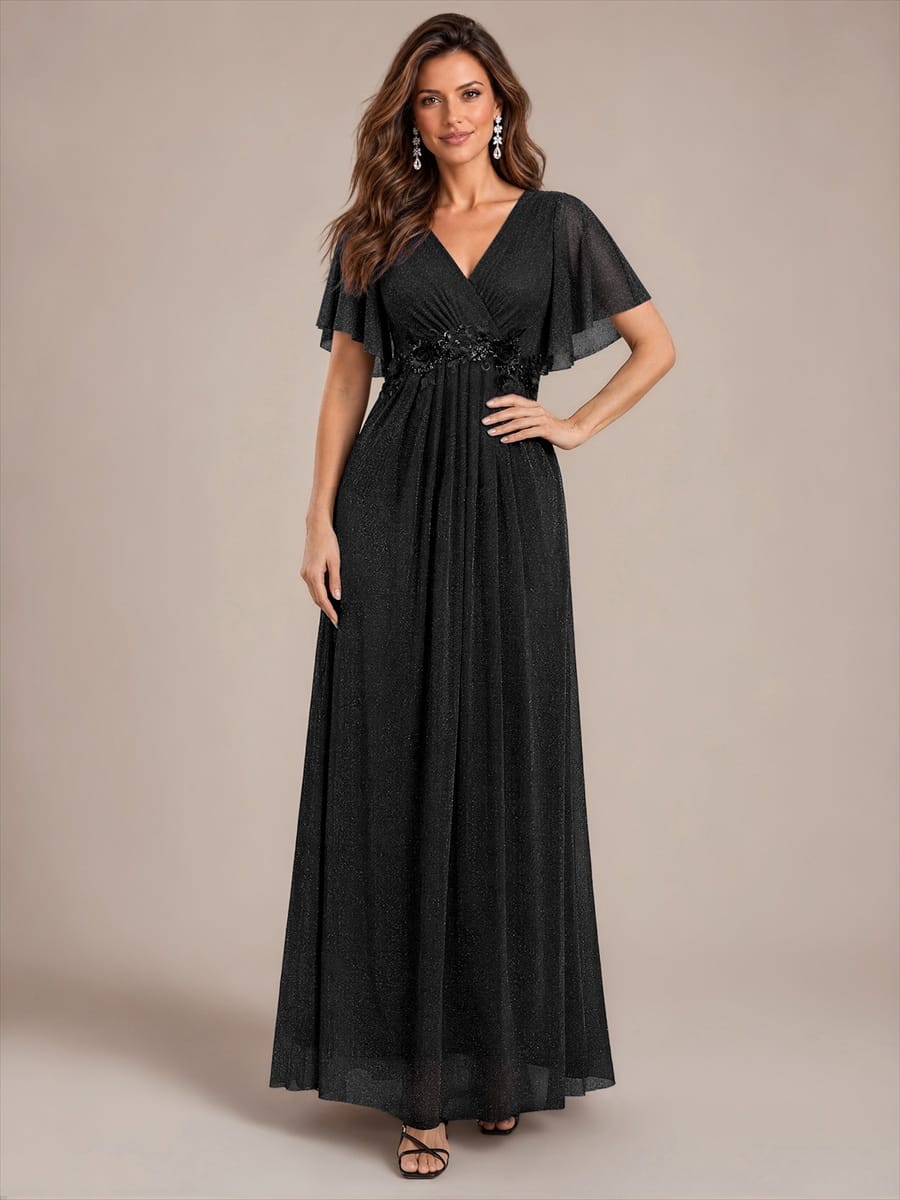 Pleated Lurex Mesh Ruffle Sleeve Dress #color_Black