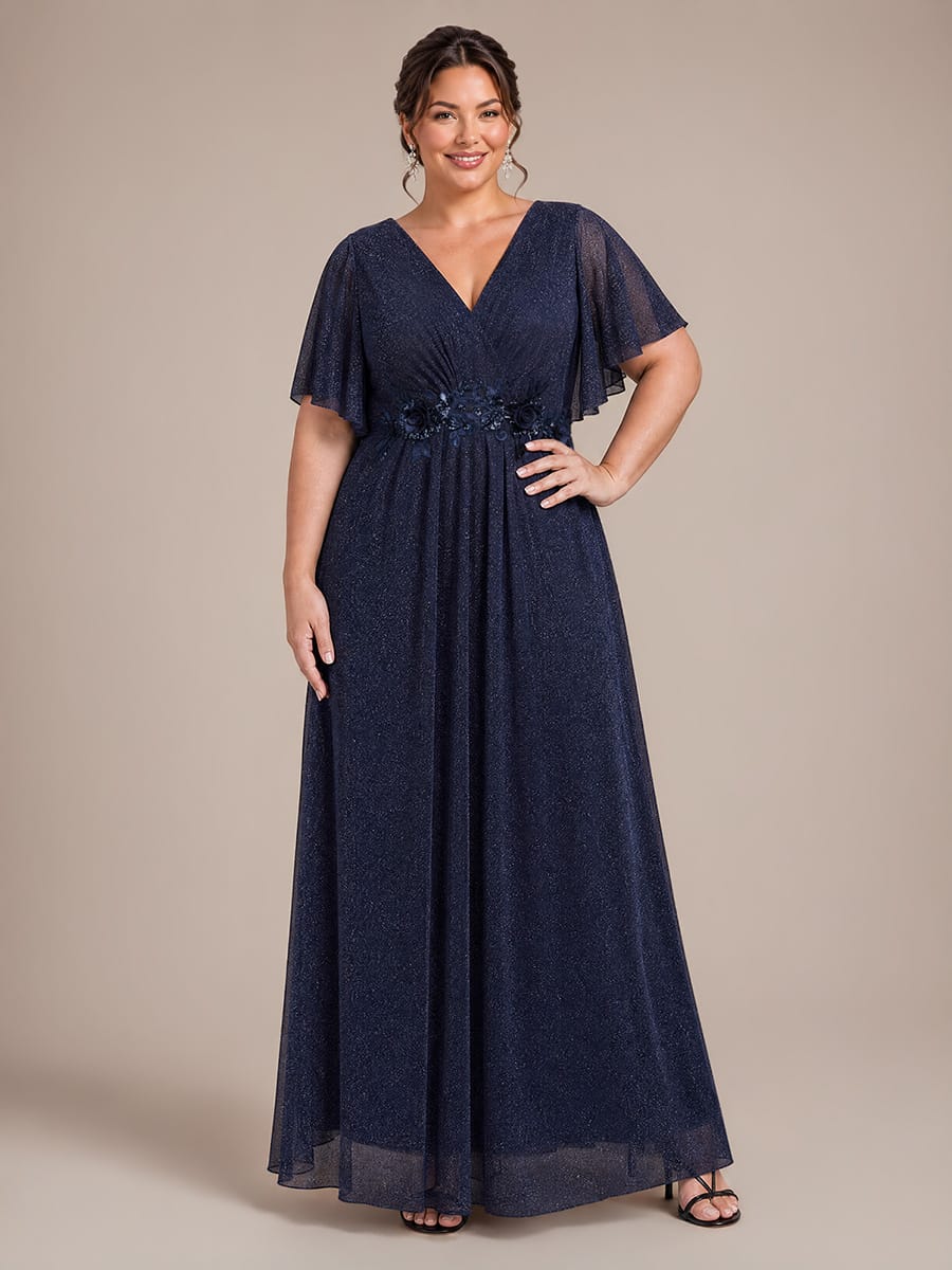 Pleated Lurex Mesh Ruffle Sleeve Dress #color_Navy Blue