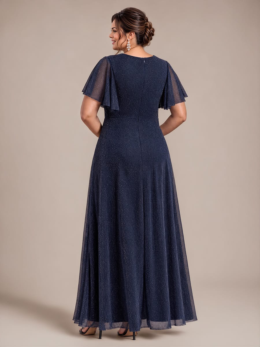 Pleated Lurex Mesh Ruffle Sleeve Dress #color_Navy Blue