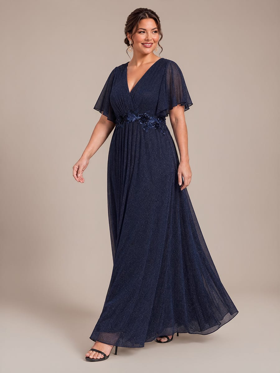 Pleated Lurex Mesh Ruffle Sleeve Dress #color_Navy Blue