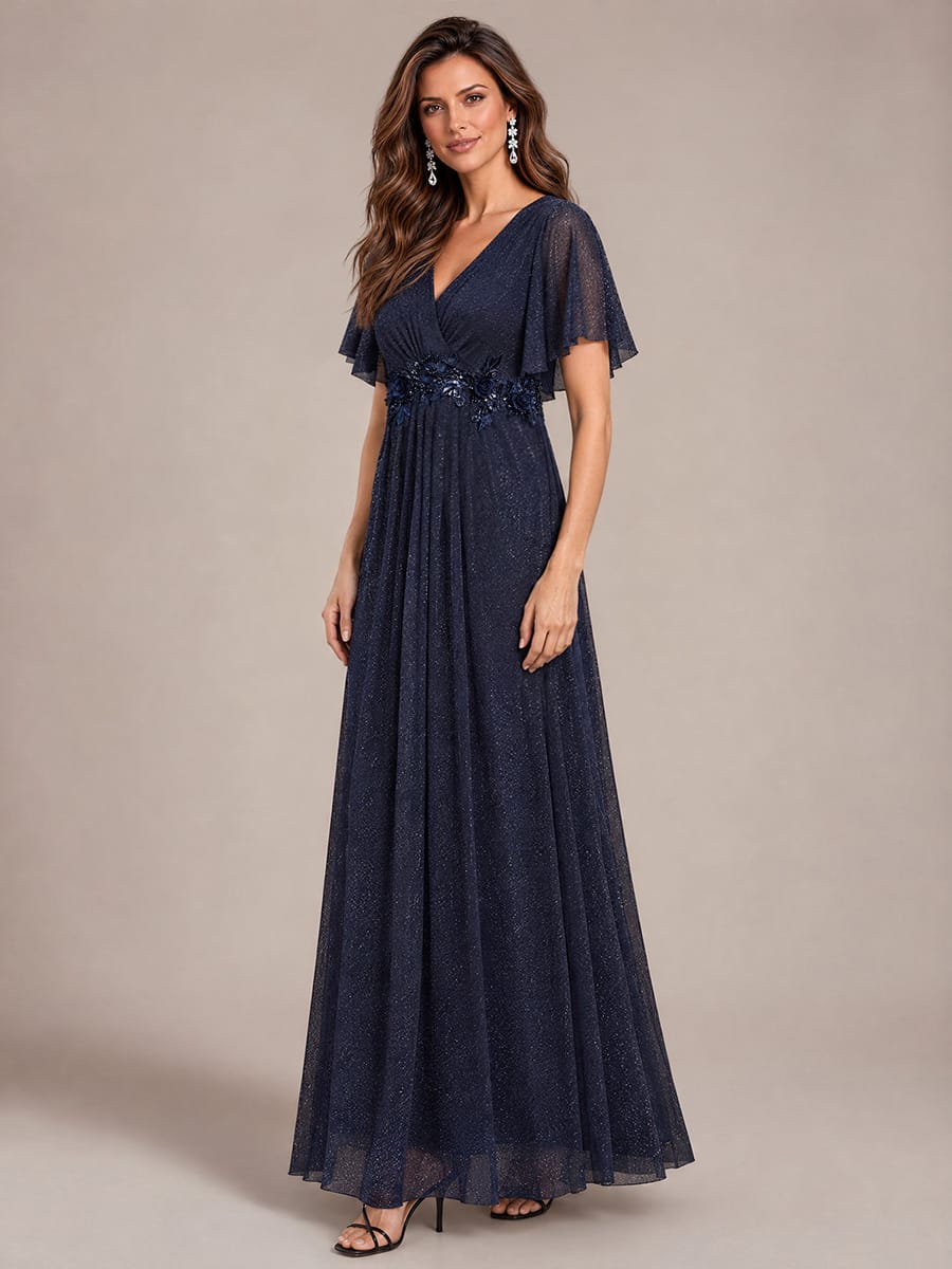 Pleated Lurex Mesh Ruffle Sleeve Dress #color_Navy Blue