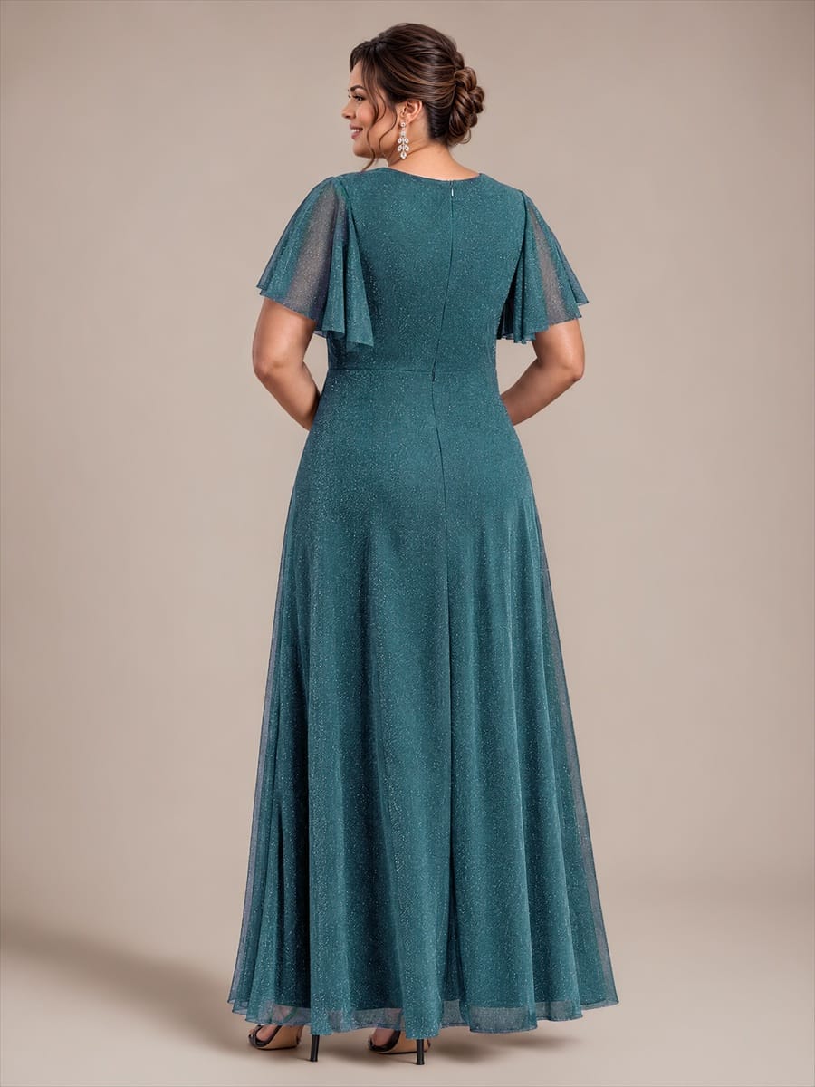 Pleated Lurex Mesh Ruffle Sleeve Dress #color_Teal Blue