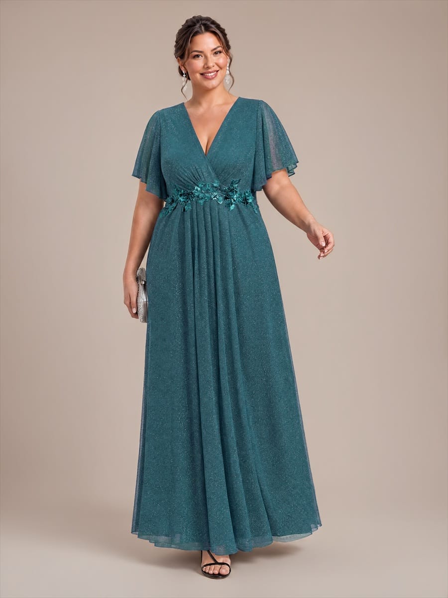 Pleated Lurex Mesh Ruffle Sleeve Dress #color_Teal Blue