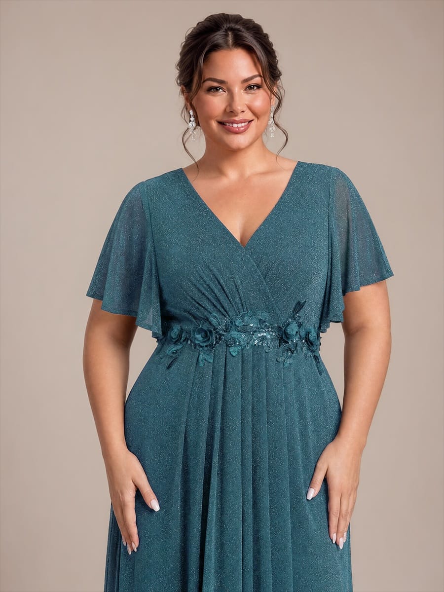 Pleated Lurex Mesh Ruffle Sleeve Dress #color_Teal Blue