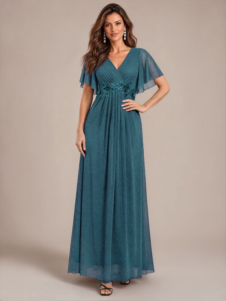 Pleated Lurex Mesh Ruffle Sleeve Dress #color_Teal Blue