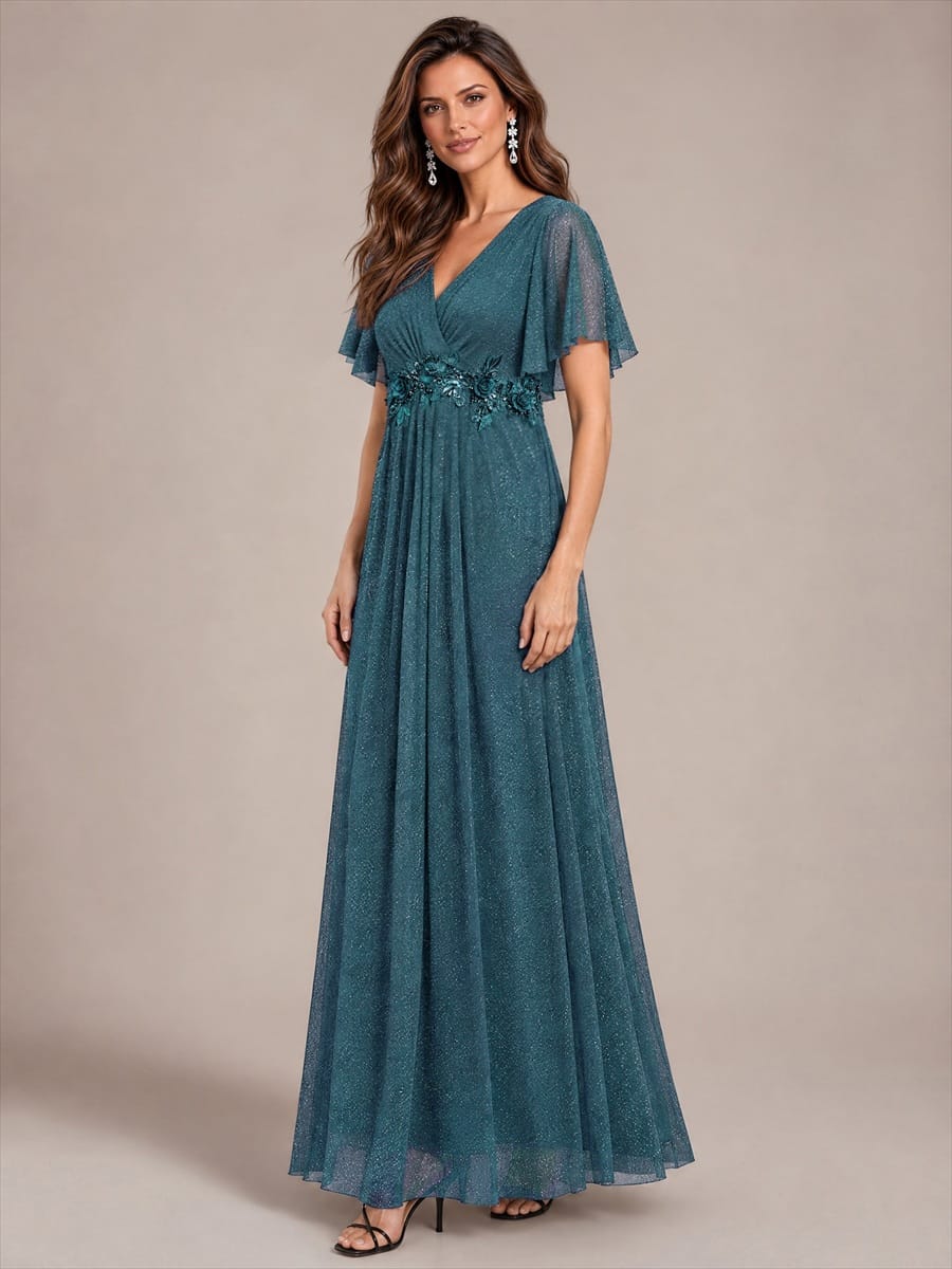 Pleated Lurex Mesh Ruffle Sleeve Dress #color_Teal Blue