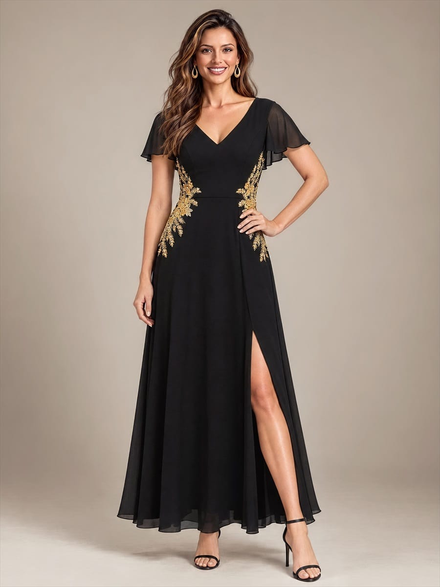 Sequin Beaded Chiffon Maxi V Neckline Evening Dress #color_Black