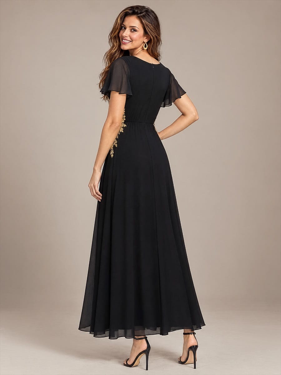 Sequin Beaded Chiffon Maxi V Neckline Evening Dress #color_Black