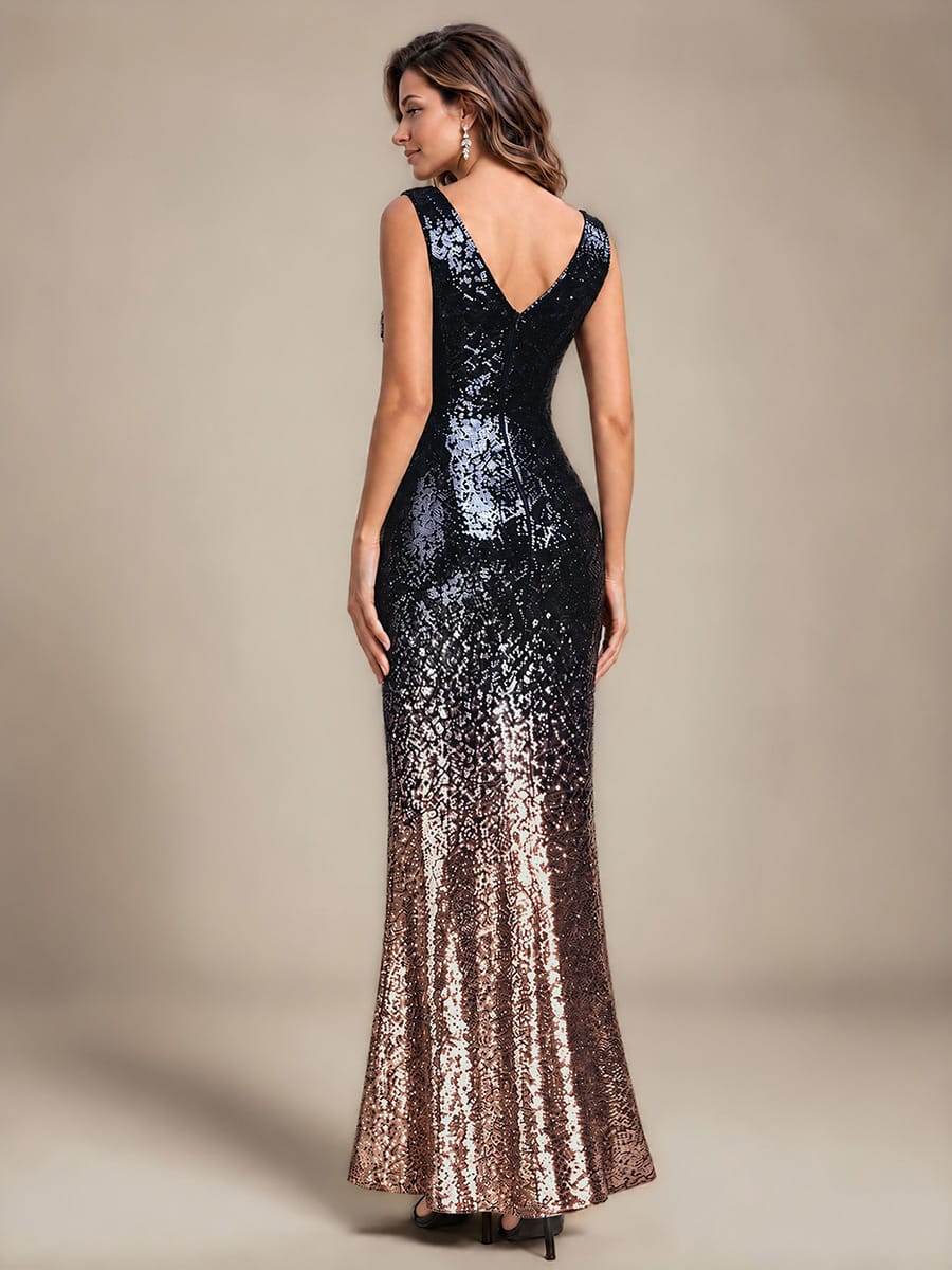 Sequin Maxi V Neckline Sleeveless Evening Dress #color_Navy Champagne