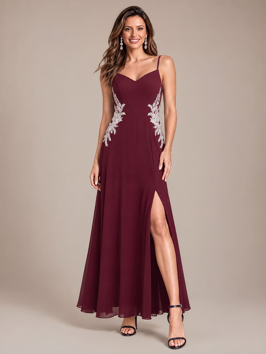 Sequin Chiffon Maxi V Neckline Sleeveless Evening Dress #color_Burgundy