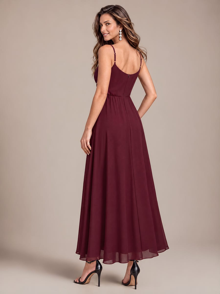 Sequin Chiffon Maxi V Neckline Sleeveless Evening Dress #color_Burgundy