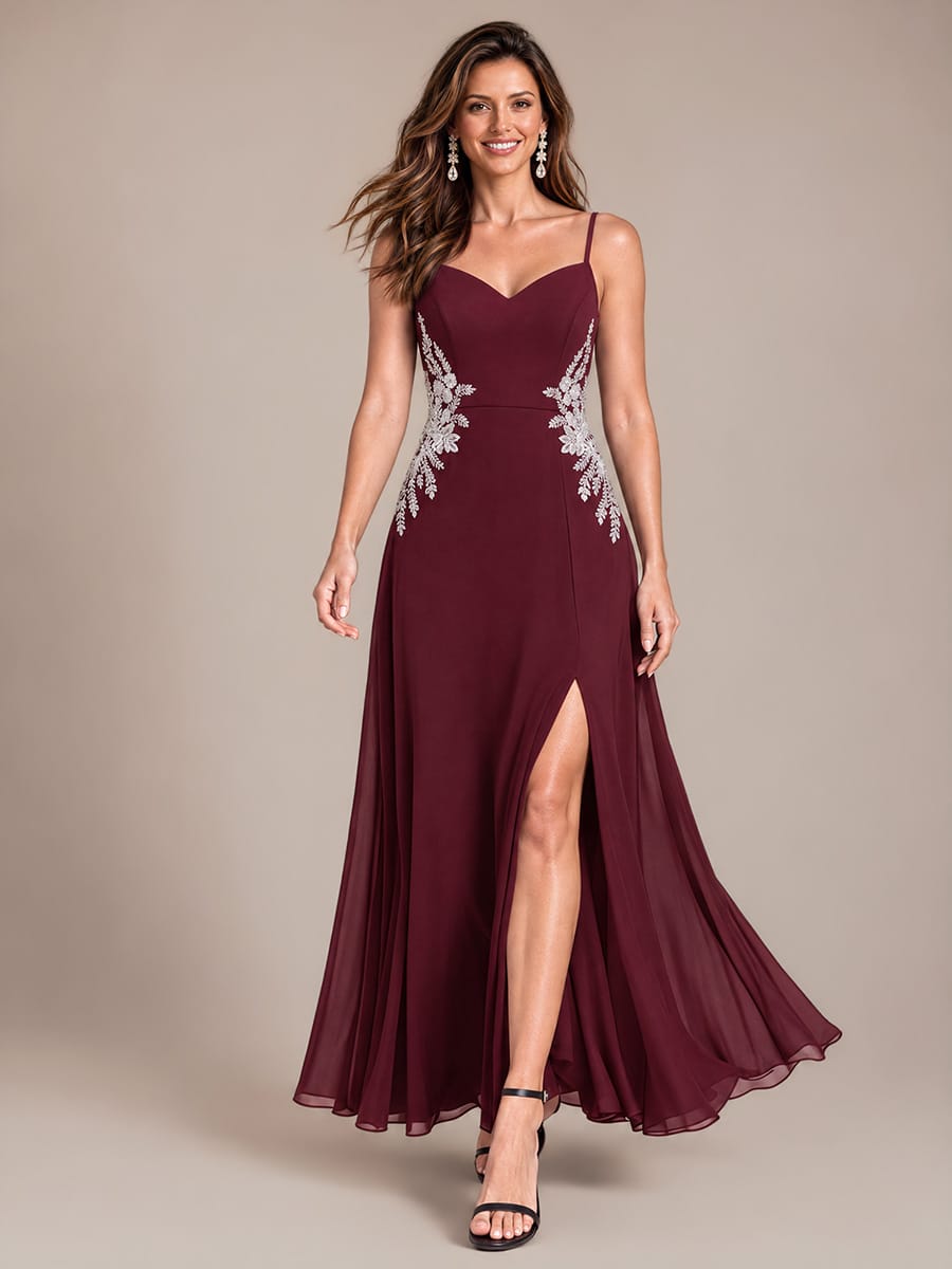 Sequin Chiffon Maxi V Neckline Sleeveless Evening Dress #color_Burgundy