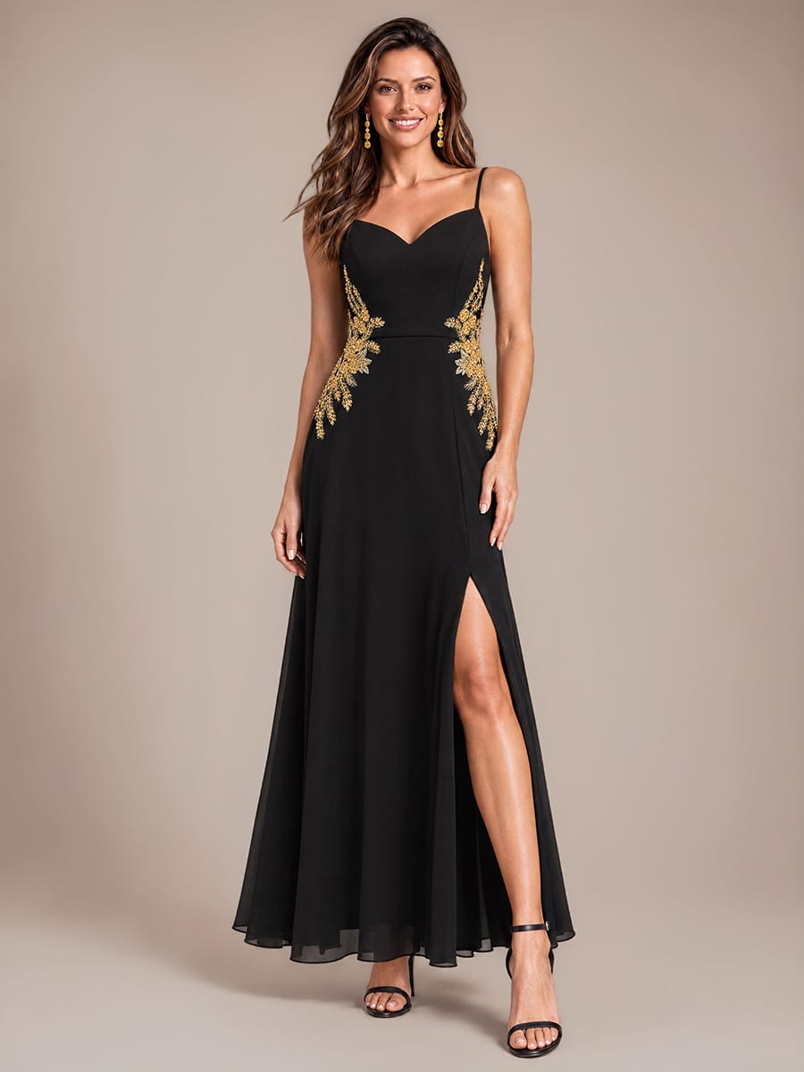 Sequin Chiffon Maxi V Neckline Sleeveless Evening Dress #color_Black