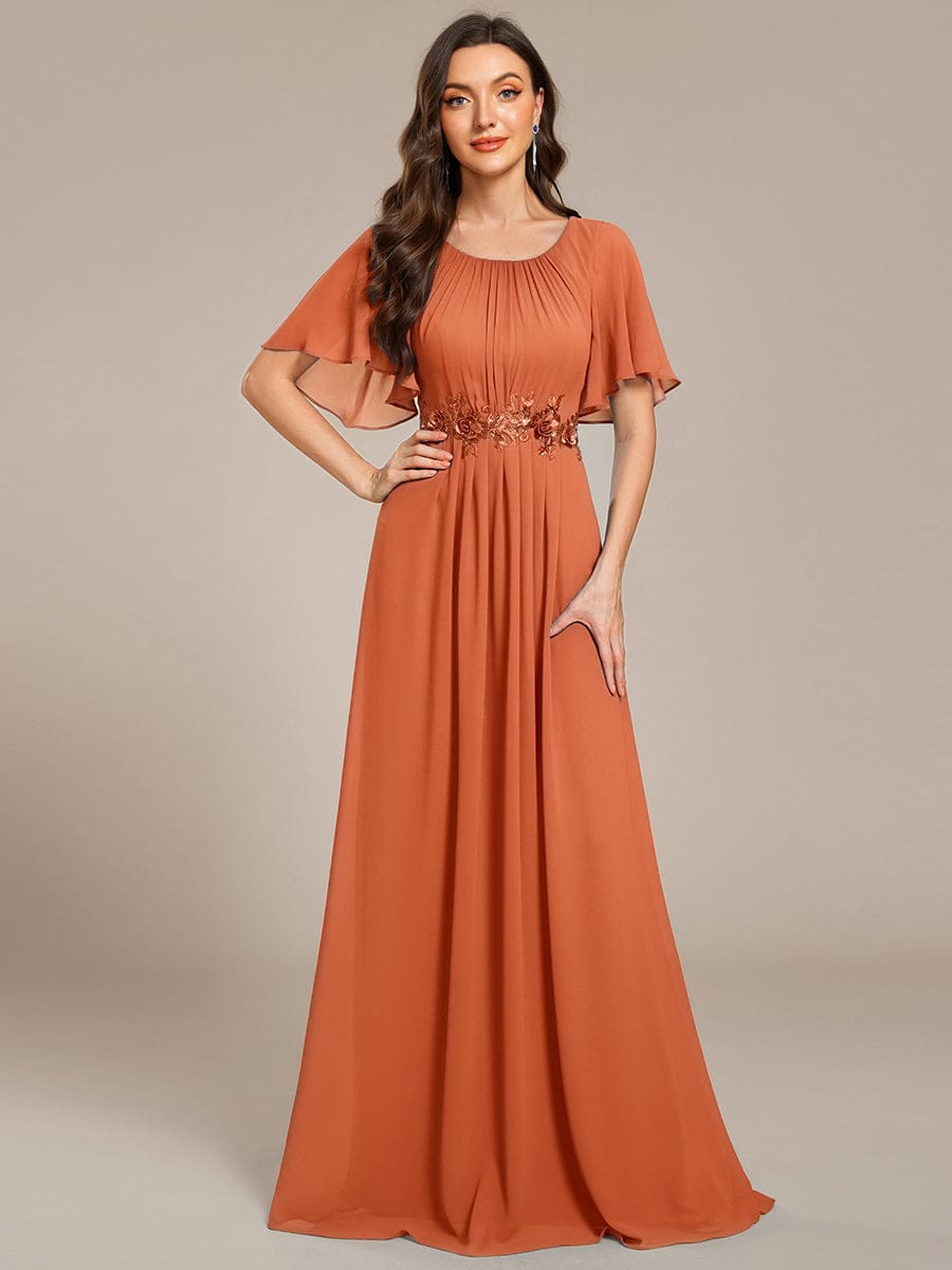 Pleated Short Sleeve Ruffled Maxi Evening Dress #color_Brandied Melon