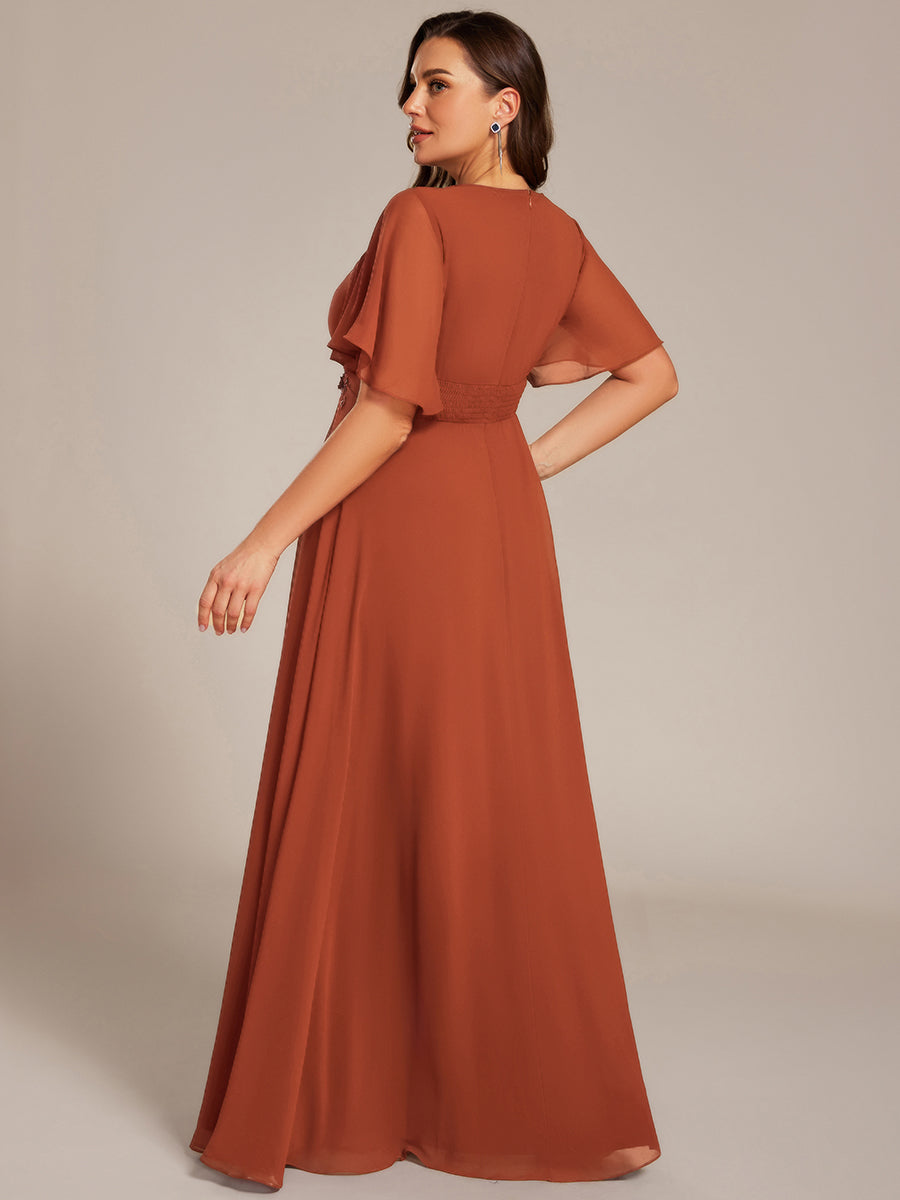 Pleated Short Sleeve Ruffled Maxi Evening Dress #color_Burnt Orange