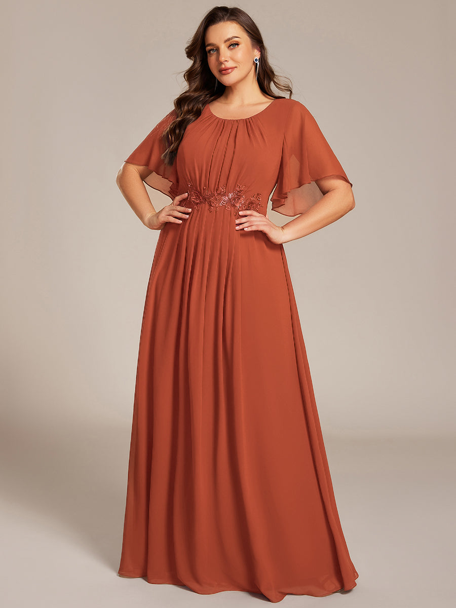 Pleated Short Sleeve Ruffled Maxi Evening Dress #color_Burnt Orange