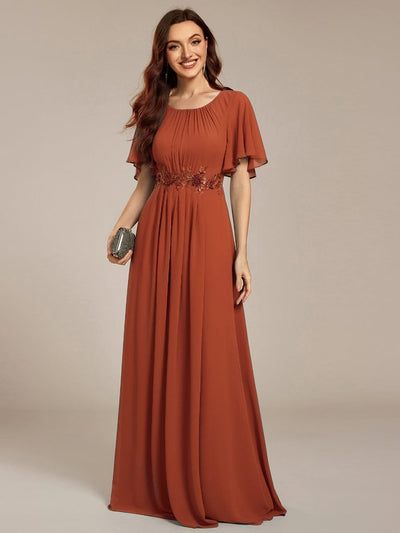 Pleated Short Sleeve Ruffled Maxi Evening Dress #color_Burnt Orange
