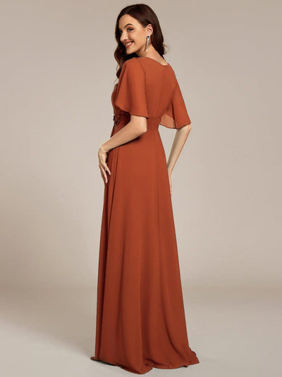 Pleated Short Sleeve Ruffled Maxi Evening Dress #color_Burnt Orange
