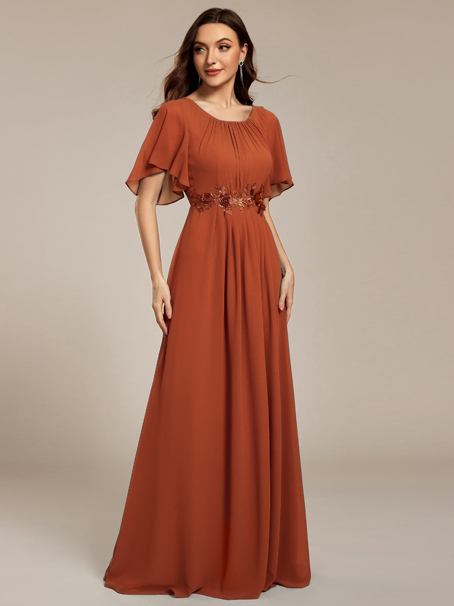 Pleated Short Sleeve Ruffled Maxi Evening Dress #color_Burnt Orange