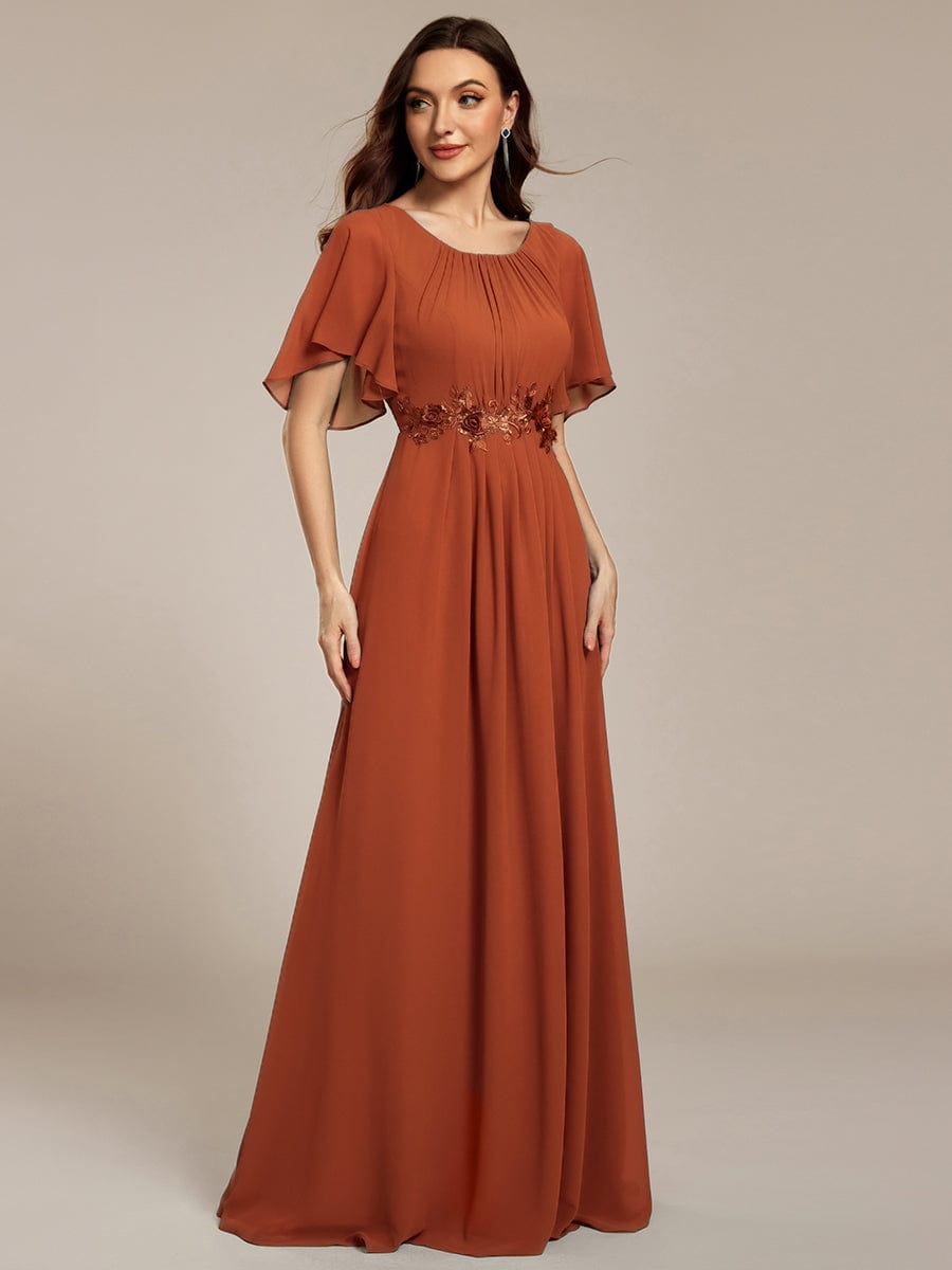 Pleated Short Sleeve Ruffled Maxi Evening Dress #color_Burnt Orange