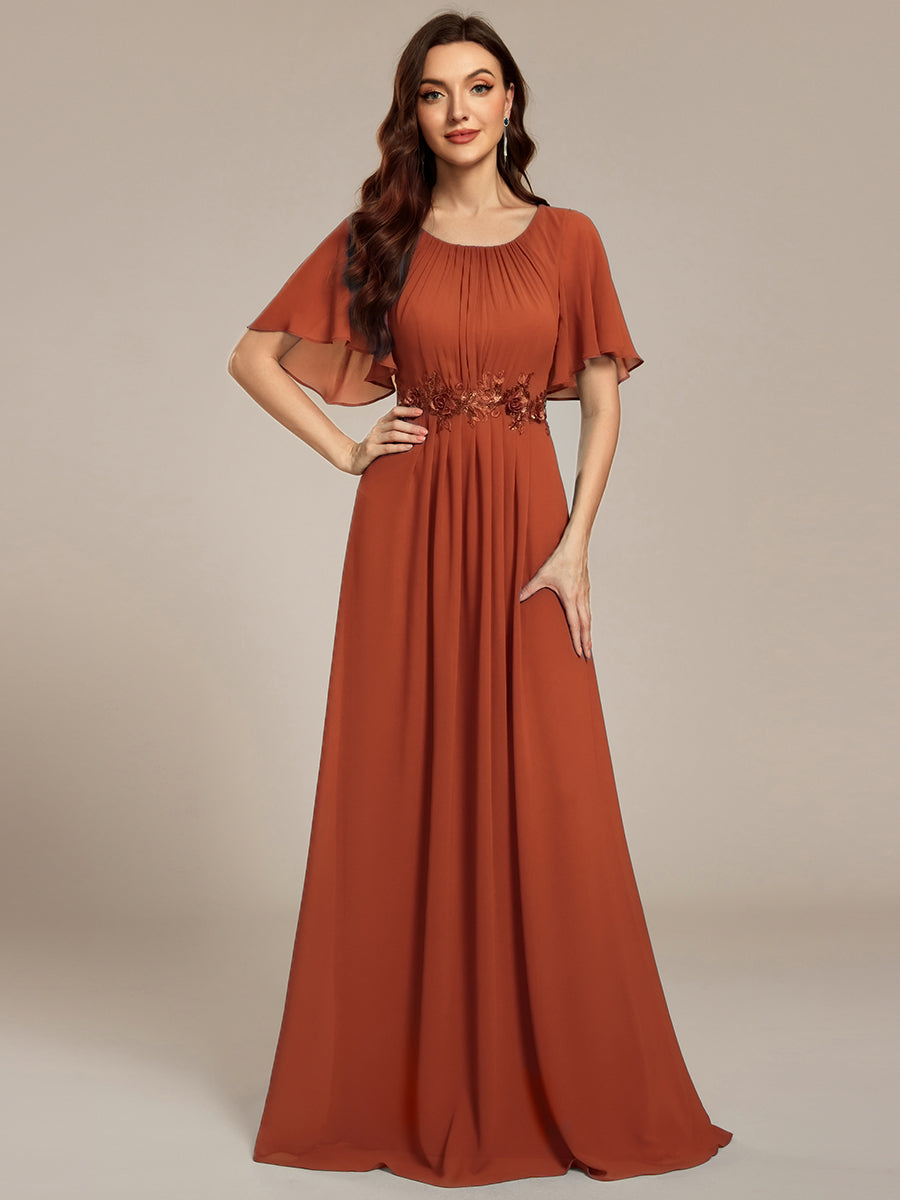 Pleated Short Sleeve Ruffled Maxi Evening Dress #color_Burnt Orange