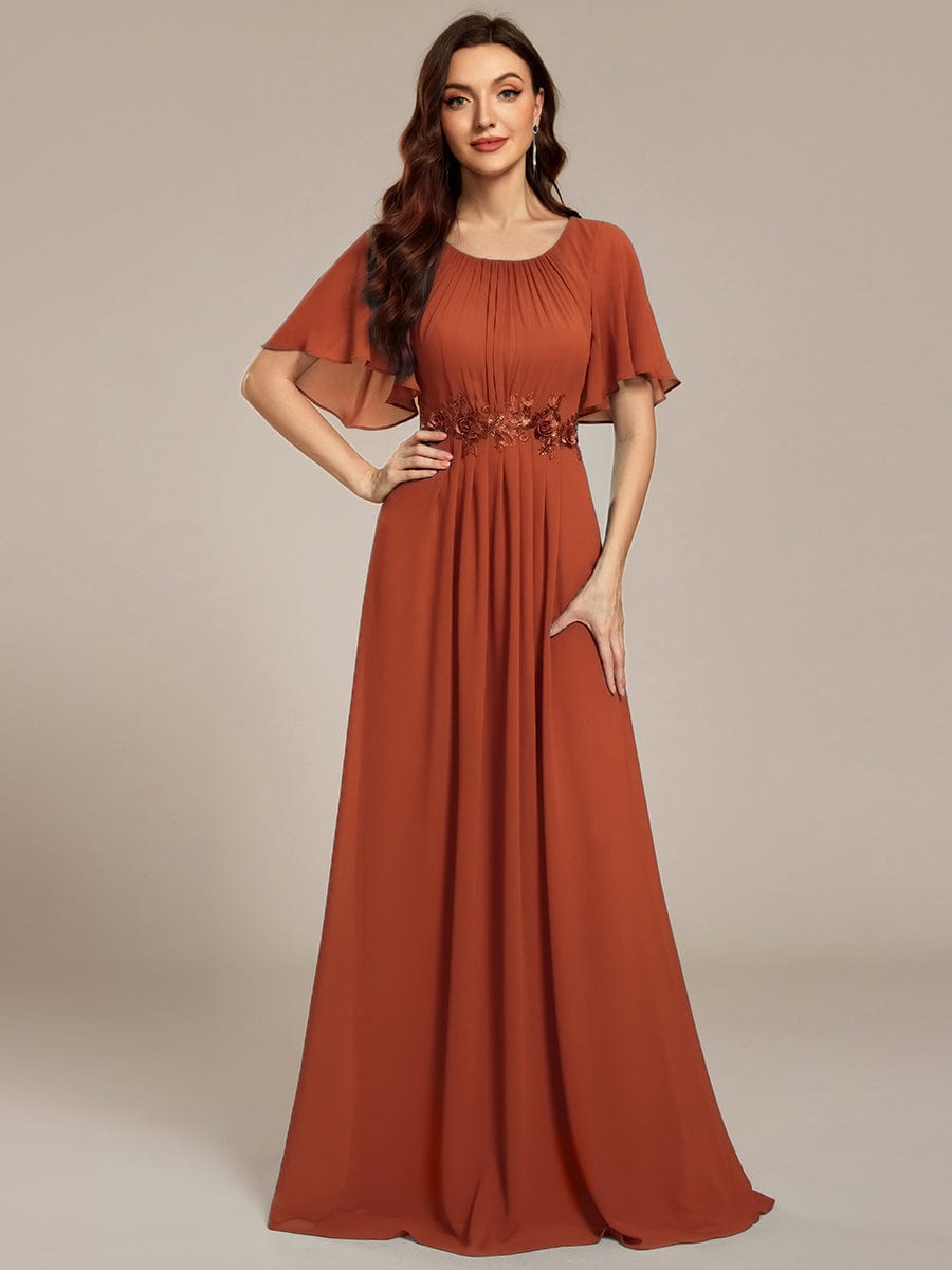 Pleated Short Sleeve Ruffled Maxi Evening Dress #color_Burnt Orange