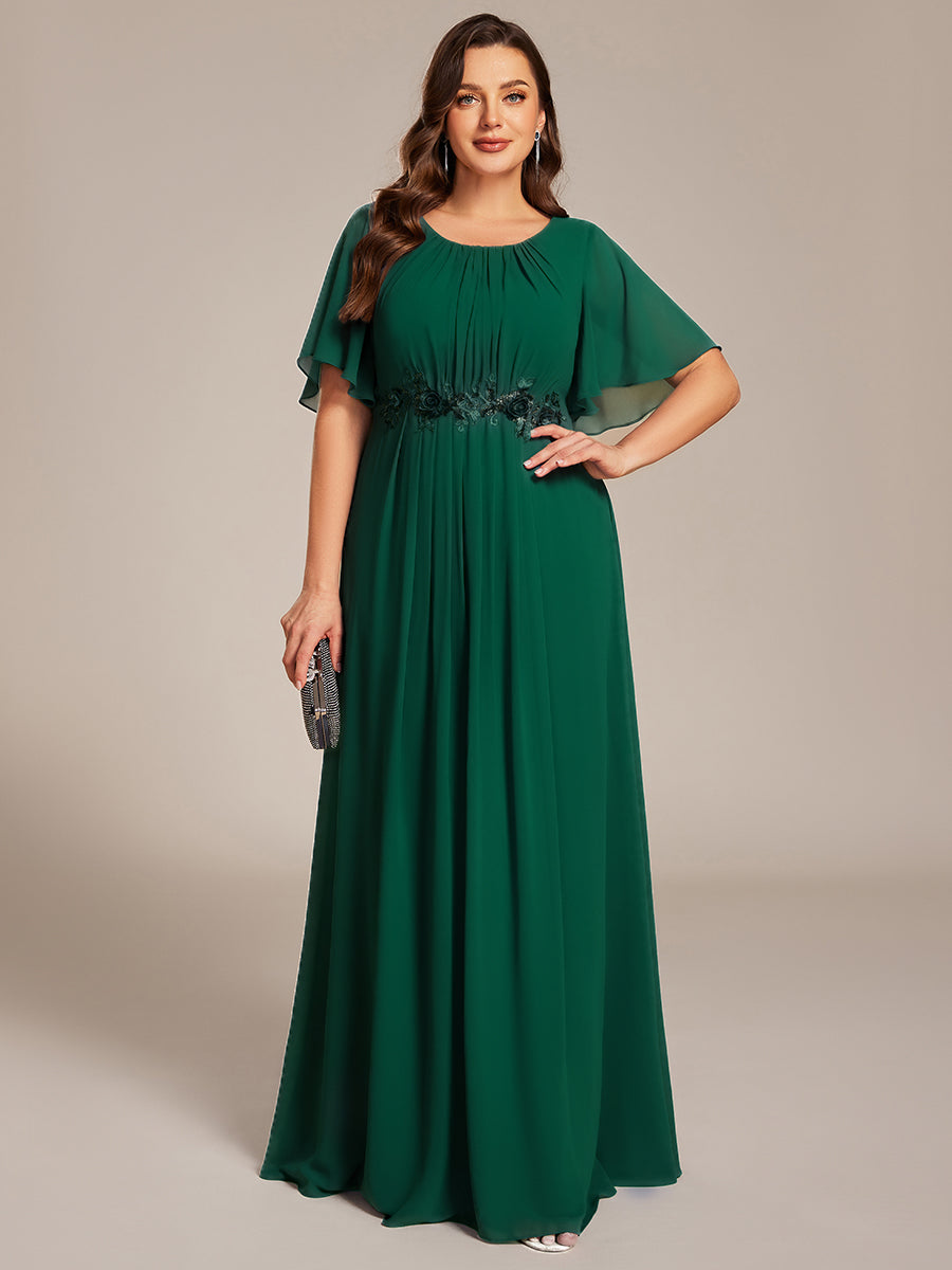 Pleated Short Sleeve Ruffled Maxi Evening Dress #color_Dark Green