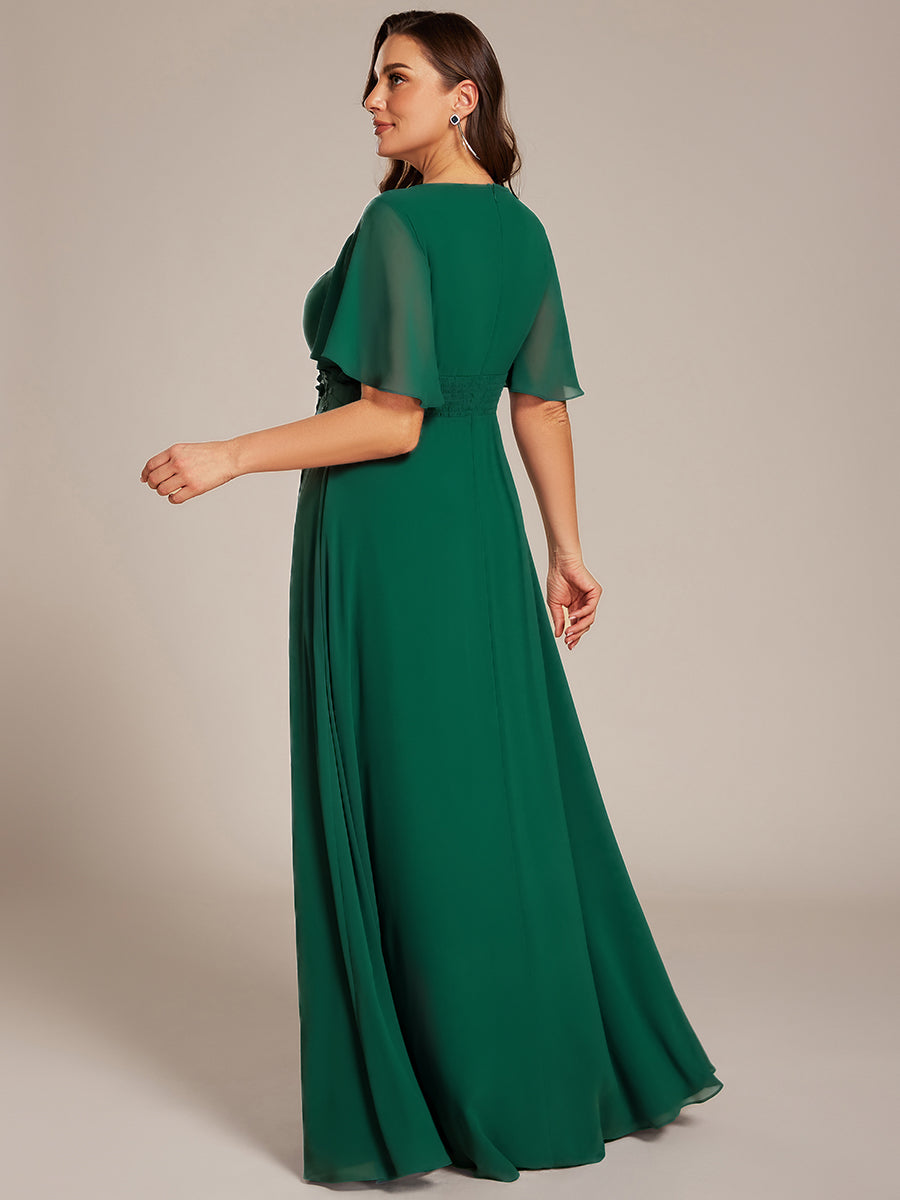 Pleated Short Sleeve Ruffled Maxi Evening Dress #color_Dark Green