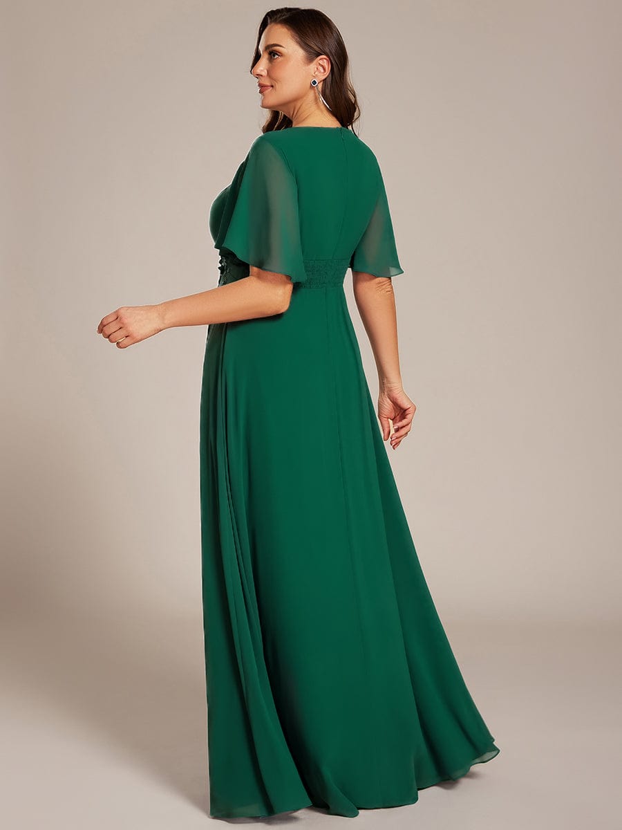 Pleated Short Sleeve Ruffled Maxi Evening Dress #color_Dark Green