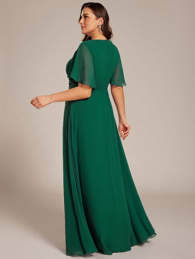 Pleated Short Sleeve Ruffled Maxi Evening Dress #color_Dark Green
