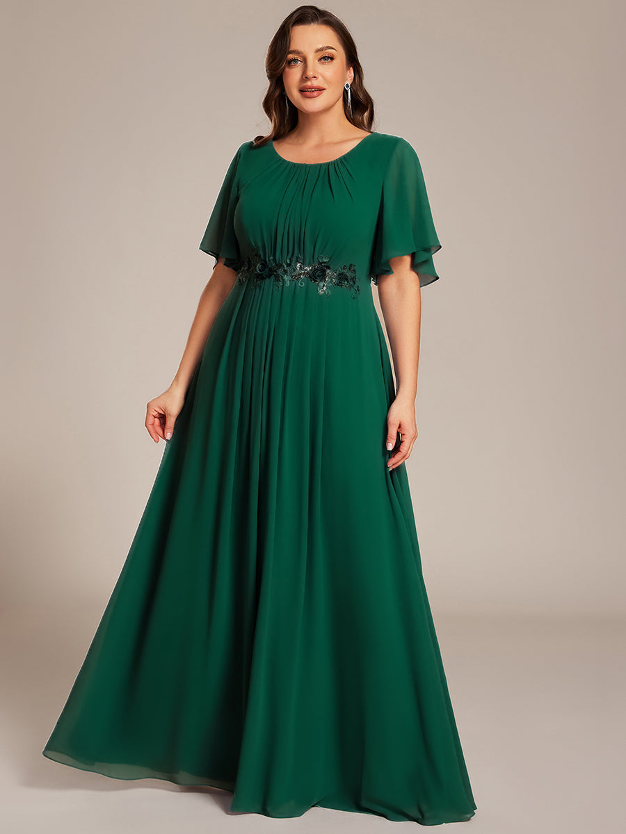 Pleated Short Sleeve Ruffled Maxi Evening Dress #color_Dark Green