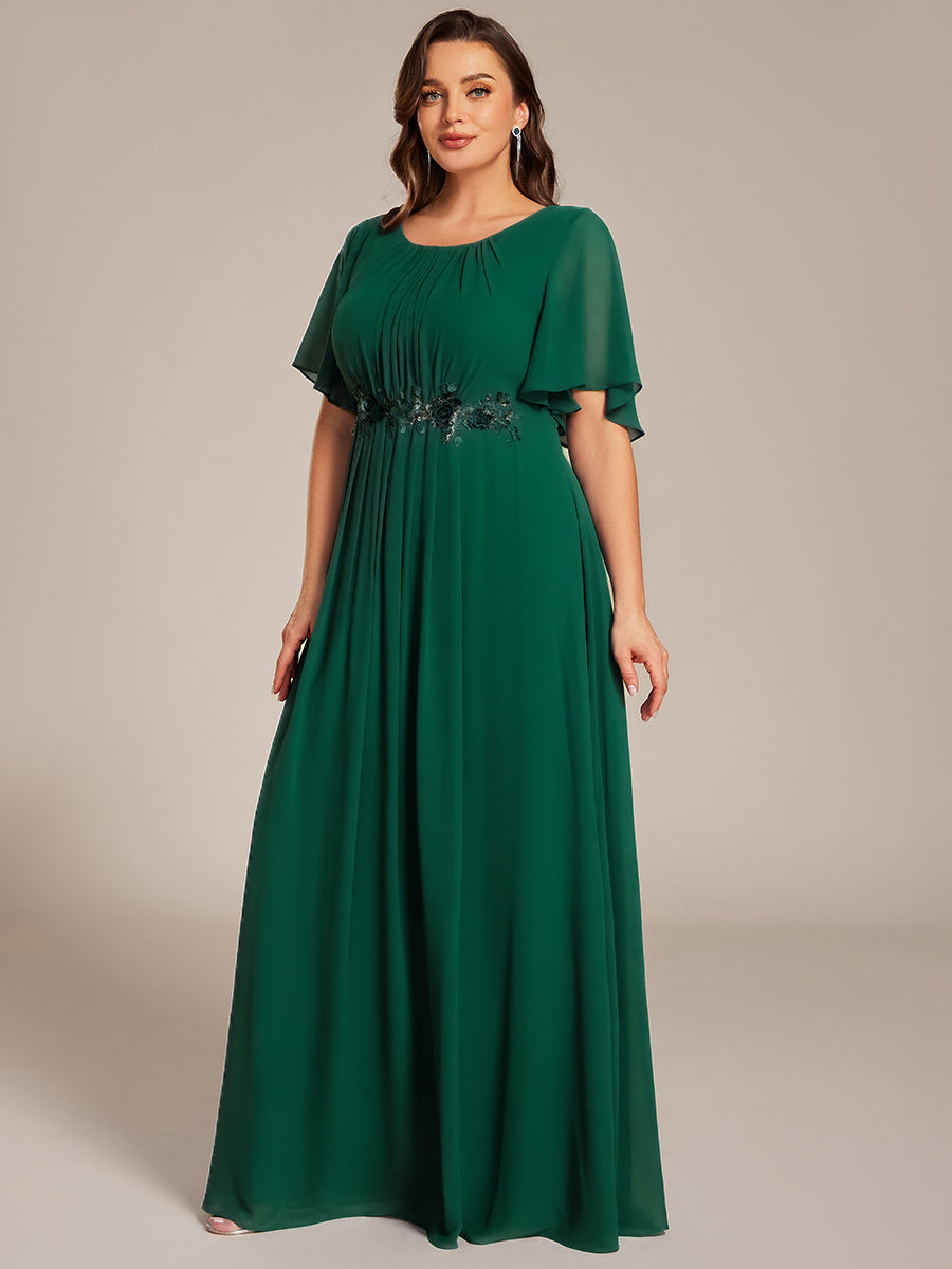 Pleated Short Sleeve Ruffled Maxi Evening Dress #color_Dark Green