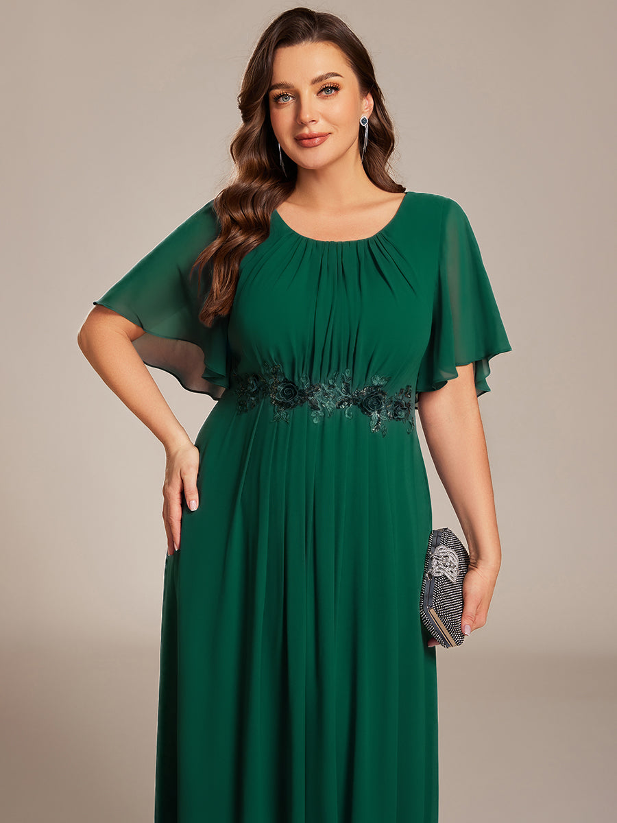 Pleated Short Sleeve Ruffled Maxi Evening Dress #color_Dark Green