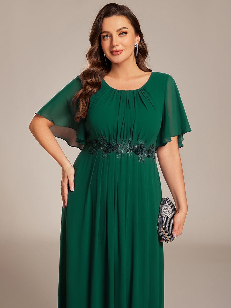 Pleated Short Sleeve Ruffled Maxi Evening Dress #color_Dark Green