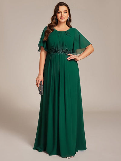 Pleated Short Sleeve Ruffled Maxi Evening Dress #color_Dark Green
