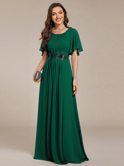 Pleated Short Sleeve Ruffled Maxi Evening Dress #color_Dark Green