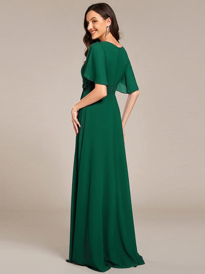 Pleated Short Sleeve Ruffled Maxi Evening Dress #color_Dark Green