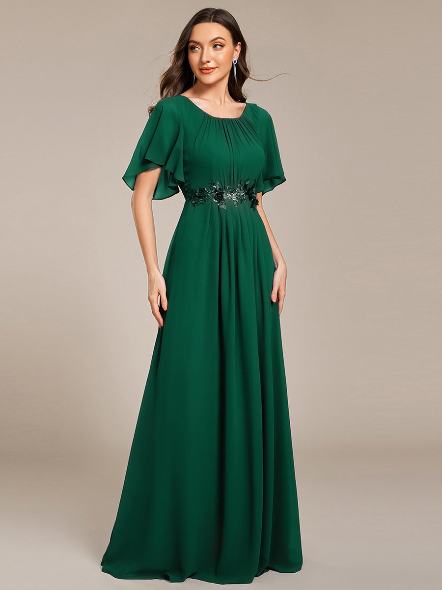 Pleated Short Sleeve Ruffled Maxi Evening Dress #color_Dark Green