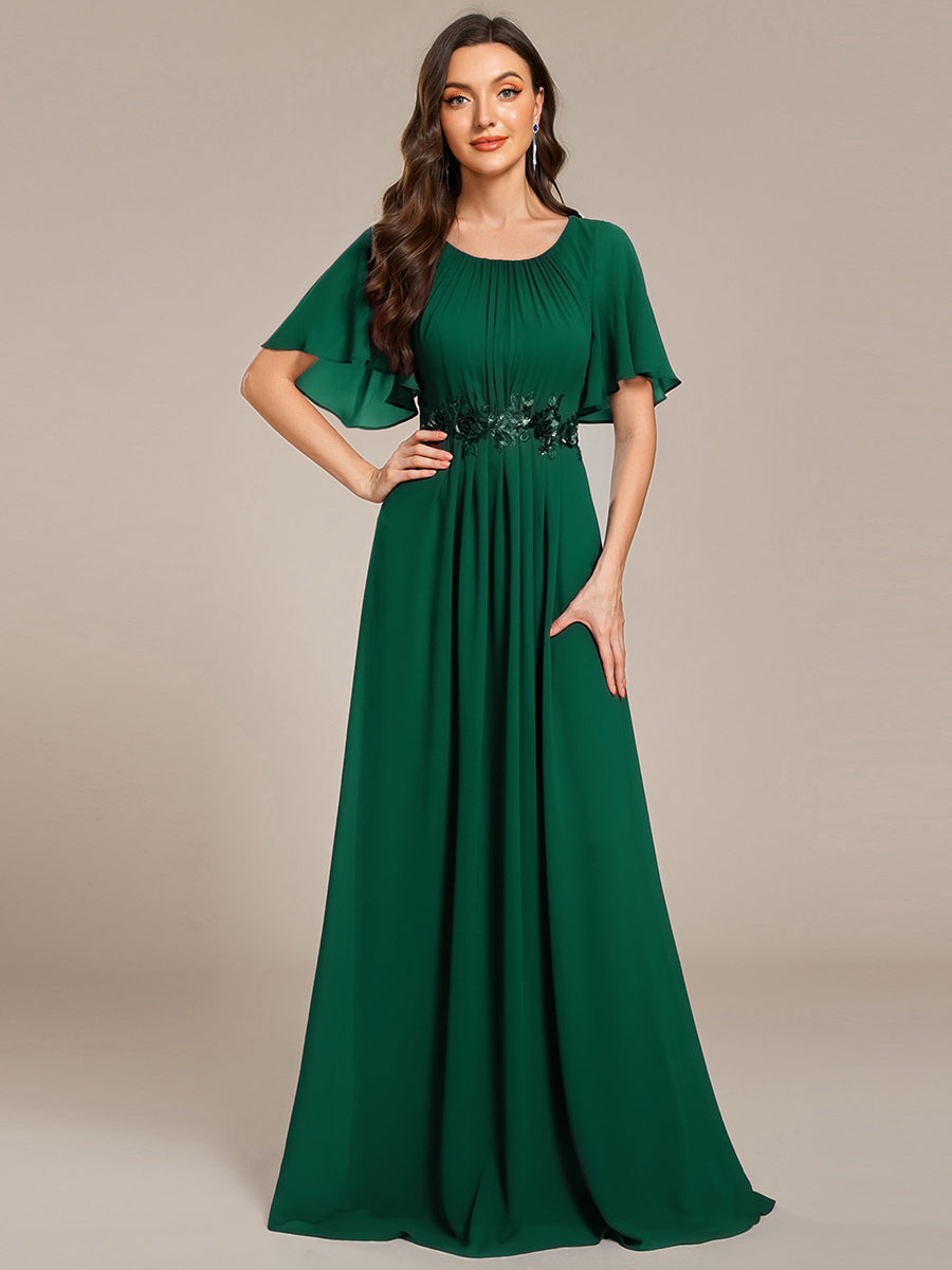 Pleated Short Sleeve Ruffled Maxi Evening Dress #color_Dark Green