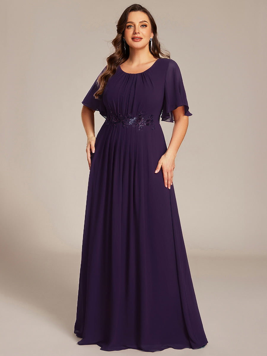Pleated Short Sleeve Ruffled Maxi Evening Dress #color_Dark Purple
