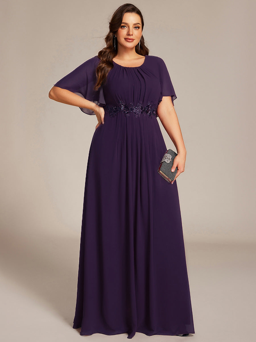 Pleated Short Sleeve Ruffled Maxi Evening Dress #color_Dark Purple