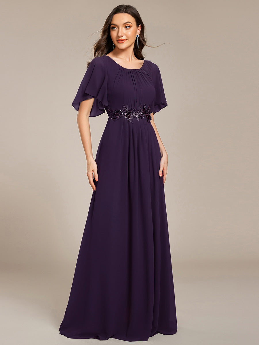 Pleated Short Sleeve Ruffled Maxi Evening Dress #color_Dark Purple
