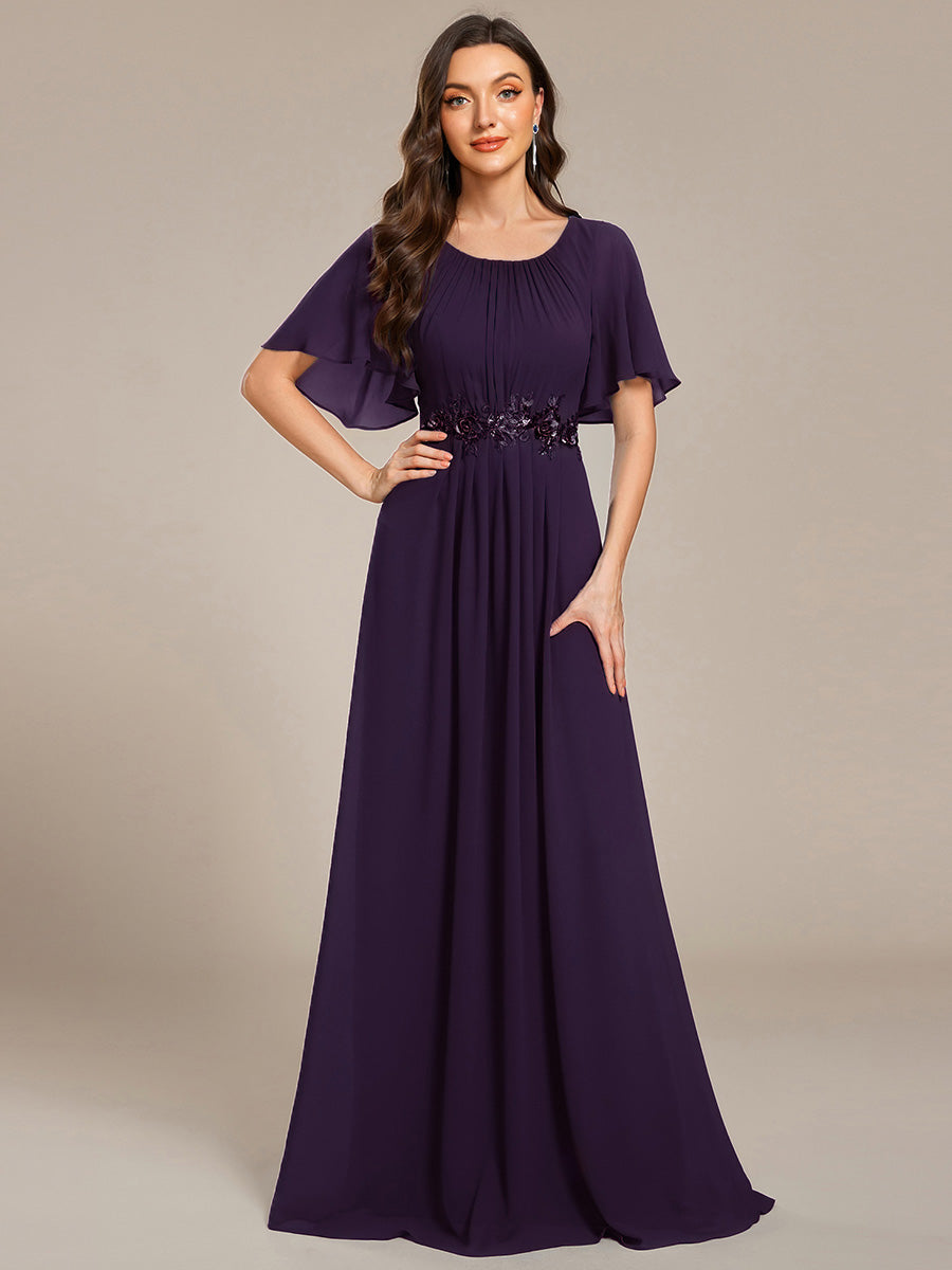 Pleated Short Sleeve Ruffled Maxi Evening Dress #color_Dark Purple