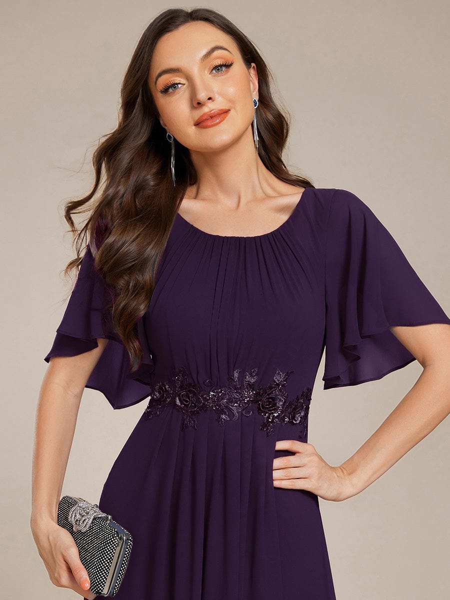 Pleated Short Sleeve Ruffled Maxi Evening Dress #color_Dark Purple